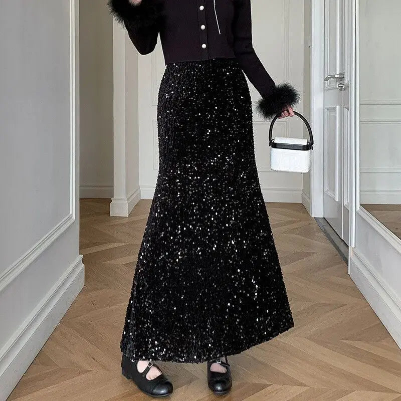 New Pleuche Sequined Spring Autumn Woman Clothing Elastic Waist Skirt High Waist Fashion Nightclub Girl Y2K Vintage Midi Skirts voguable