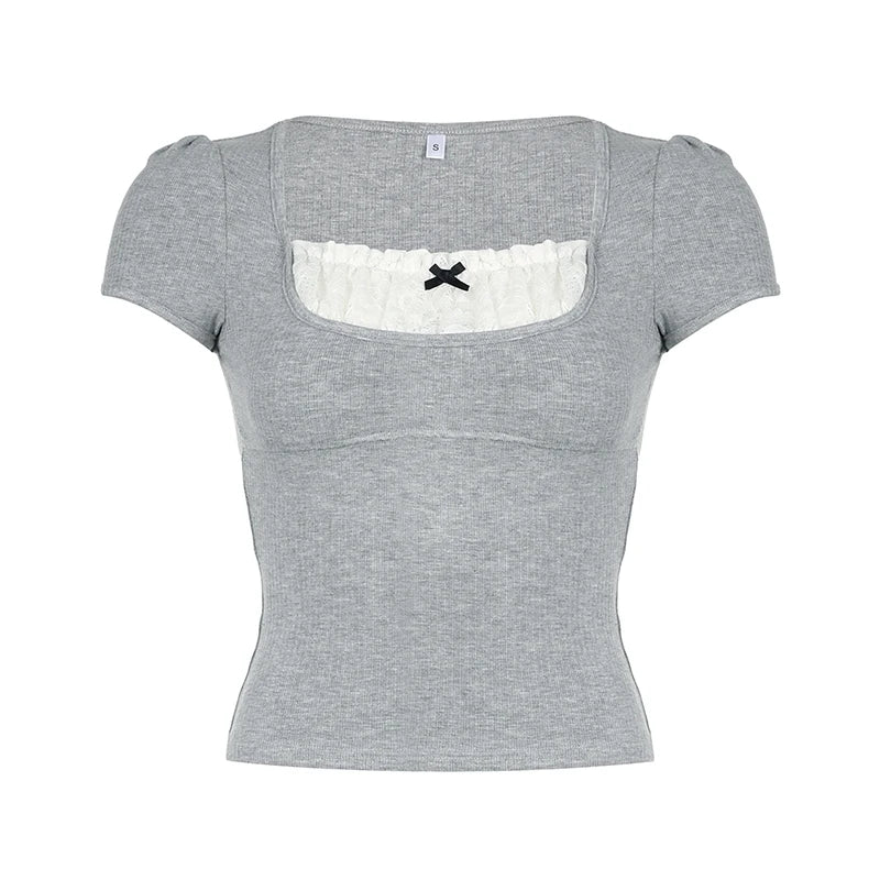 Voguable Y2K Contrast Lace Patchwork Knitted Top Women Cute Casual Basic Short Sleeve T-shirts Summer Coquette Square Collar Tee voguable