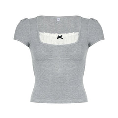 Voguable Y2K Contrast Lace Patchwork Knitted Top Women Cute Casual Basic Short Sleeve T-shirts Summer Coquette Square Collar Tee voguable