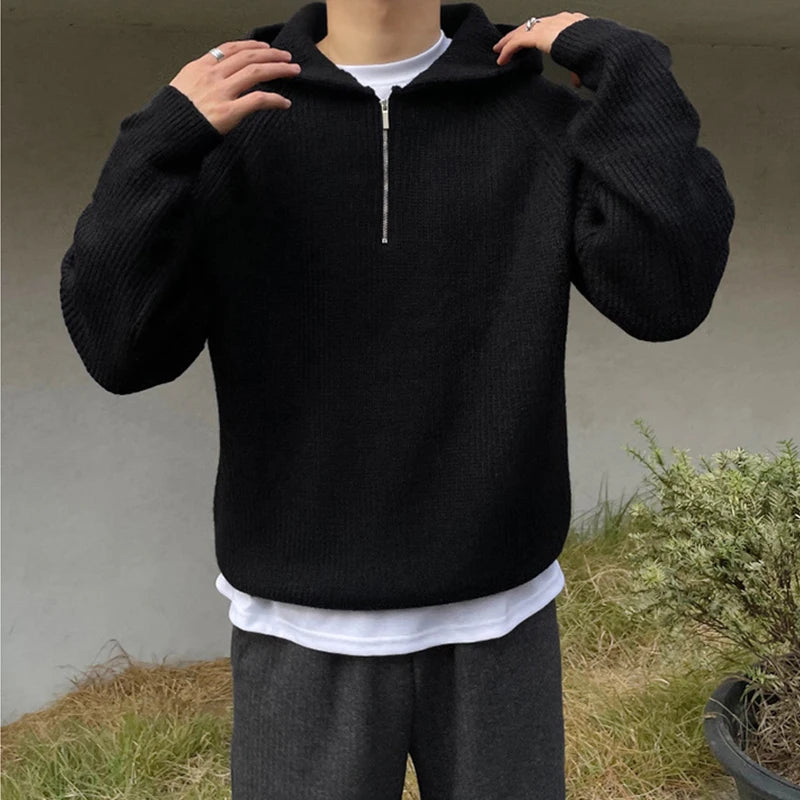 Winter Clothing Men's Luxury Knitted Zipper Hooded Pullovers Sweater Casual Streetwear Striped Solid Color Long Sleeve Hoodie voguable
