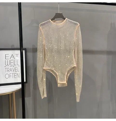 Voguable  Sexy Mesh Hollowed Out Jumpsuit T-shirt Rhinestone Round Neck Tight See-through One-piece Bottoming Shirt Ms voguable