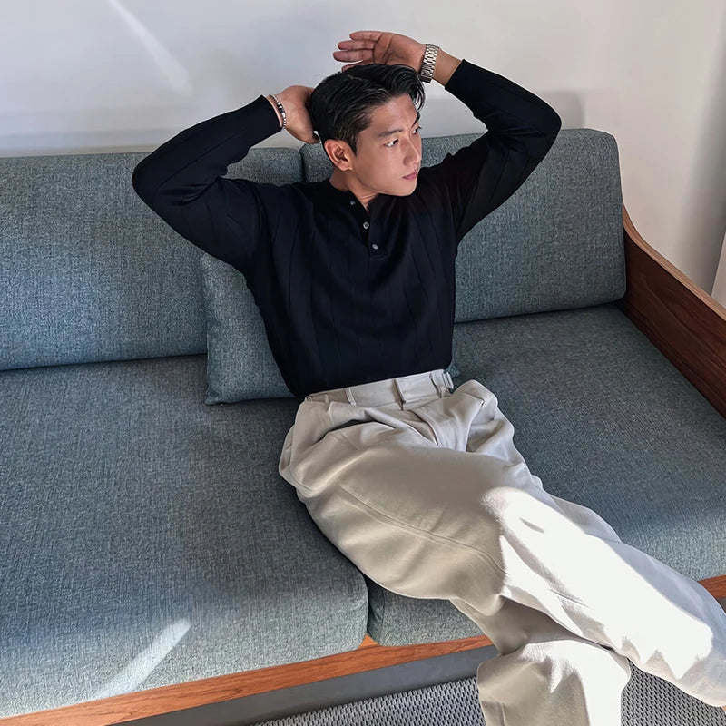 New Korean Trendy Men Henry Sweater Light Luxury Knitted Solid Color Long Sleeve Pullover Premium Quality Skin-friendly Knitwear voguable
