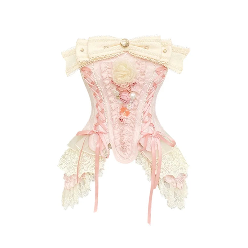 Bow Slash Neck Lace Up Pink Corset Crop Tops White Lace Patchwork Ruffled High Waist Shorts 2 Piece Sets Womens Outifits voguable
