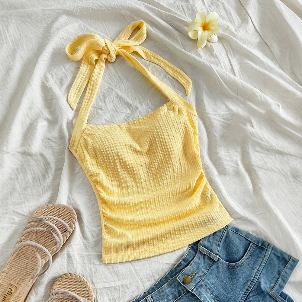 Tanks Spring Summer Korean Fitting Slim Plain Off Shoulder Halter Neck Casual Tanks For Women voguable