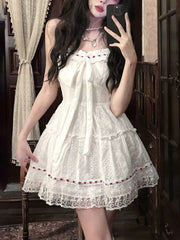 Sweet Lace Patchwork Camis Dress Women Sexy Spaghetti Straps Bow Dress Female Casual Cute Princess Wedding Party Dress New voguable