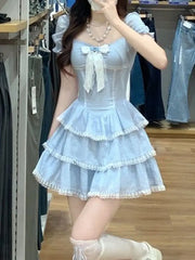 Voguable 2024 Summer Sweet Kawaii Blue Plaid Dress Woman Lolita Lace Y2k Mini Dress Short Party Elegant One Piece Dress Korean Fashion voguable