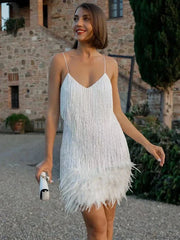 Tassel Sequins Dress Women Elegant Feather Spaghetti Straps Mini Dresses Summer Sexy Party Club Evening Dresses Vestidos voguable