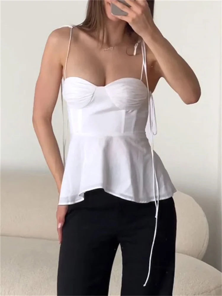 White Smocked Strappy Camisole Women's Sexy Sleeveless Ruffle Slim Bra Solid Color Streetwear Y2k Women's Tops Camisole voguable