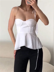 White Smocked Strappy Camisole Women's Sexy Sleeveless Ruffle Slim Bra Solid Color Streetwear Y2k Women's Tops Camisole voguable