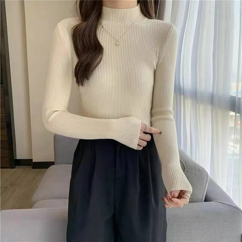 Elegant Solid Basic Knitted Tops Women Turtlneck Sweater Long Sleeve Casual Slim Pullover Korean Fashion Simple Chic Clothes voguable