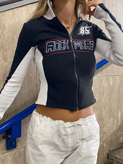 Voguable Patchwork Knitted Cropped Jackets Women Y2K Street Zipper Coats Autumn Fashion Long Sleeves Outerwear Moto & Biker voguable