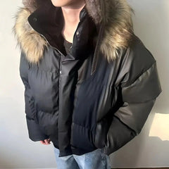 Voguable  Black Fur Collar Hooded Coats Winter American High-Street Puffer Jackets Warm Thickened Loose Outerwear Punk Subculture Fashion voguable