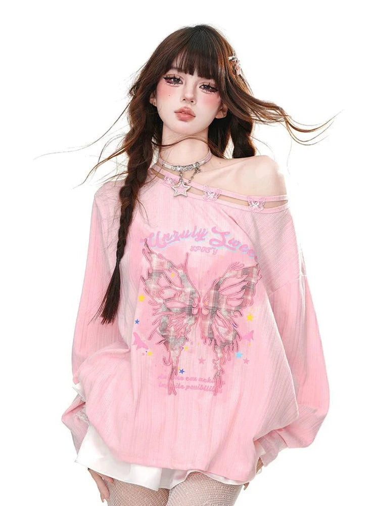 Streetwear Bufferfly T Shirt Women Loose Hollow Out Long Sleeve Vintage Tees American Sweet Casual Oversize Letter New Tops voguable