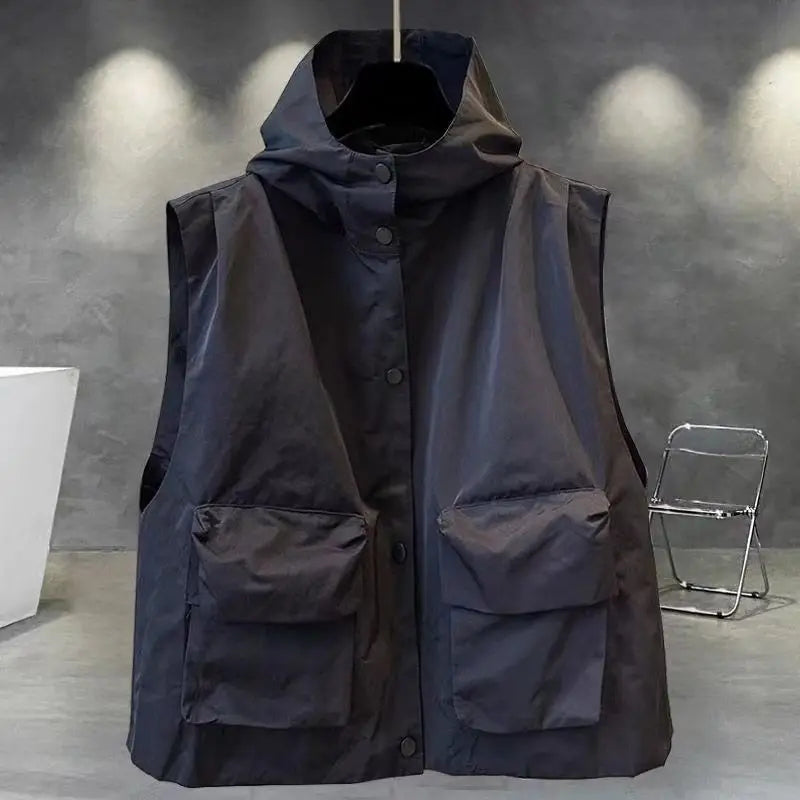 Voguable  Workwear Cargo Vest Coat Couple Solid Color Hooded Outer Vest Autumn Korean Punk Pocket Hooded Jacket Unisex Loose Streetwear voguable