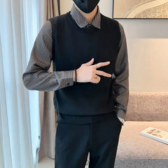 Autumn Winter Fake Two Pieces Fashion Harajuku Sweaters Men Loose Casual Knitting Tops All Match Pullover Chic Business Jumpers voguable