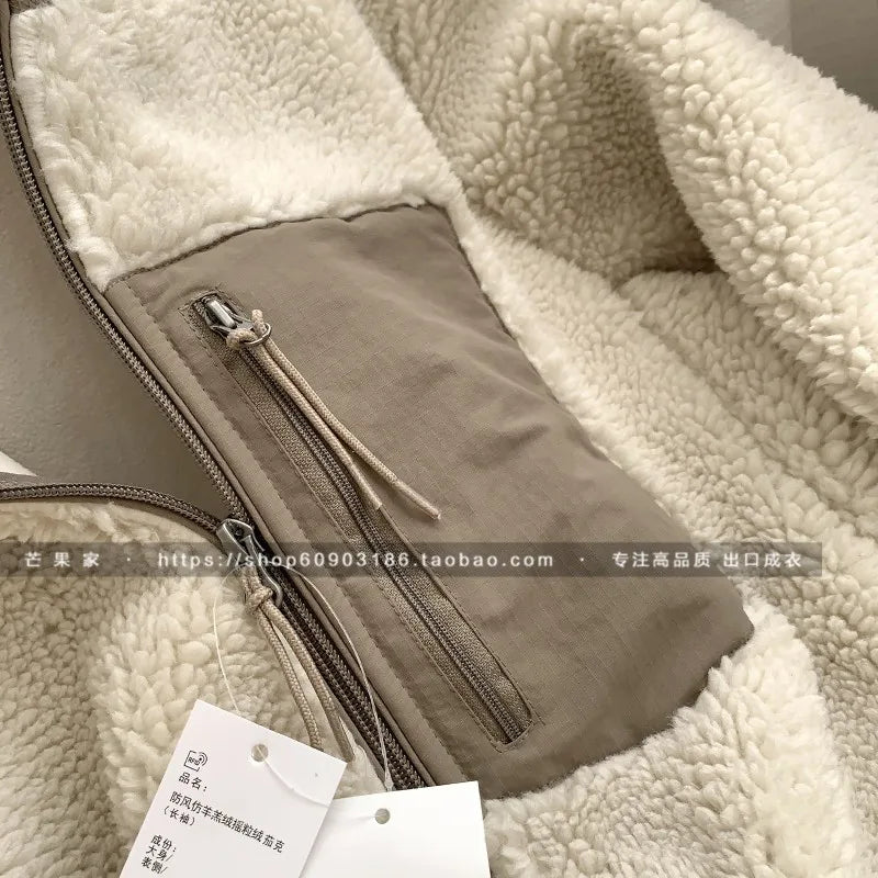 Autumn Winter Lambswool Coat Male Loose Windproof Warm Sherpa Stand Collar Polar Fleece Jacket Unisex Simple  Pocket Spliced Top voguable