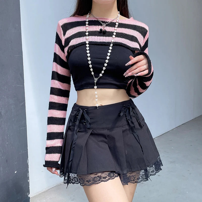 Voguable y2k Pink And Black Contrast Color Super-short Sweater Pullovers Dark Academia Cute Knitted Smock Tops Kawaii Jumper New voguable