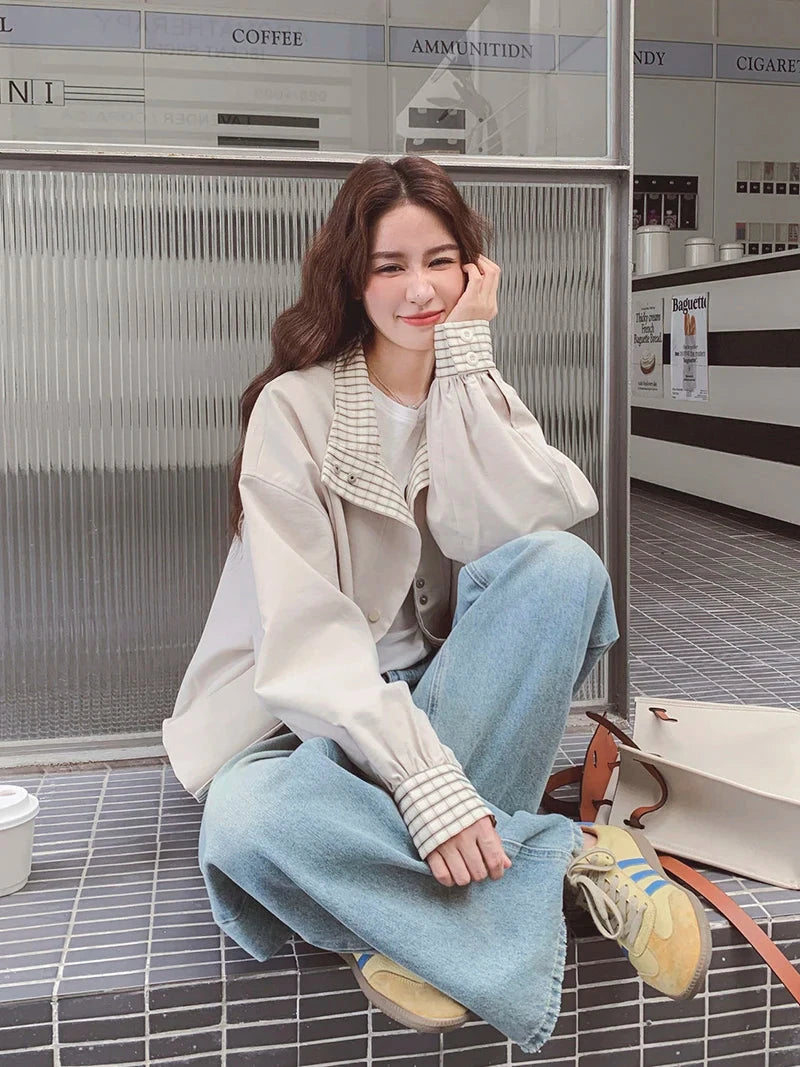 Korean Sweet Chic Jacket Women Loose Fall Long Sleeve Elegant Short Coat Fashion Plaid Patchwork Preppy Style Cute Outwear Tops voguable