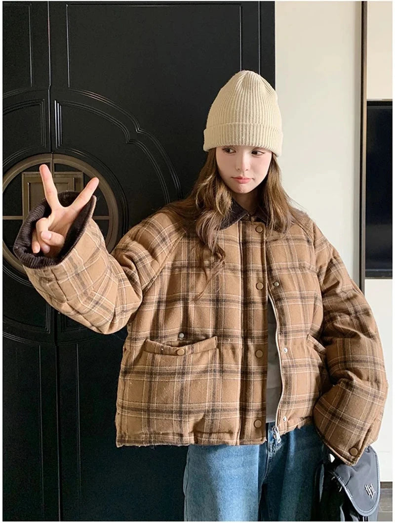 Warm Vintage Plaid Parkas Women Loose Long Sleeve Winter Thick Cotton Coat Korean Casual Pockets Cute Sweet Jacket Tops New voguable