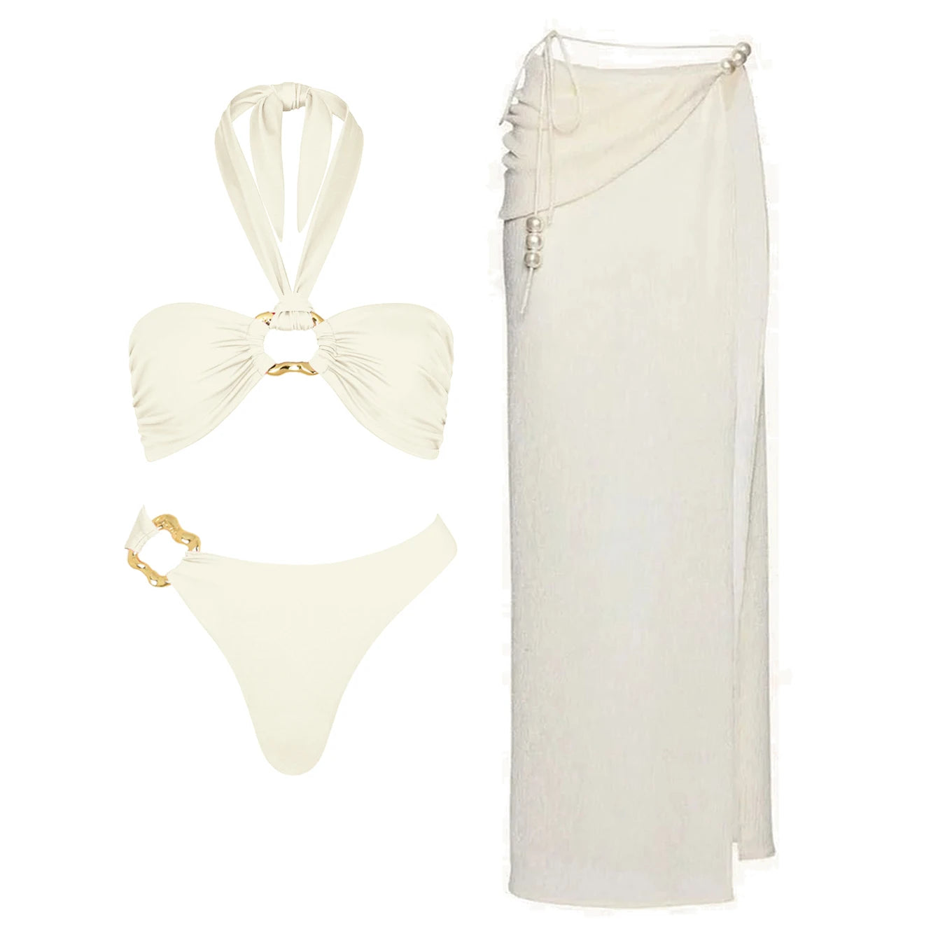 3Pcs Sexy Bikini Set With Cover Up Pearls White Swimsuit Women Halter Swimwear Female Off Shoulder Bathingsuit Biquini Beachwear voguable