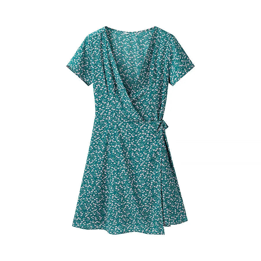 Short Sleeve Floral Print Chic Women Dress Bandage Chic Vacation Casual Summer Dress Chiffon 2025 New High Wasit Female Clothing voguable