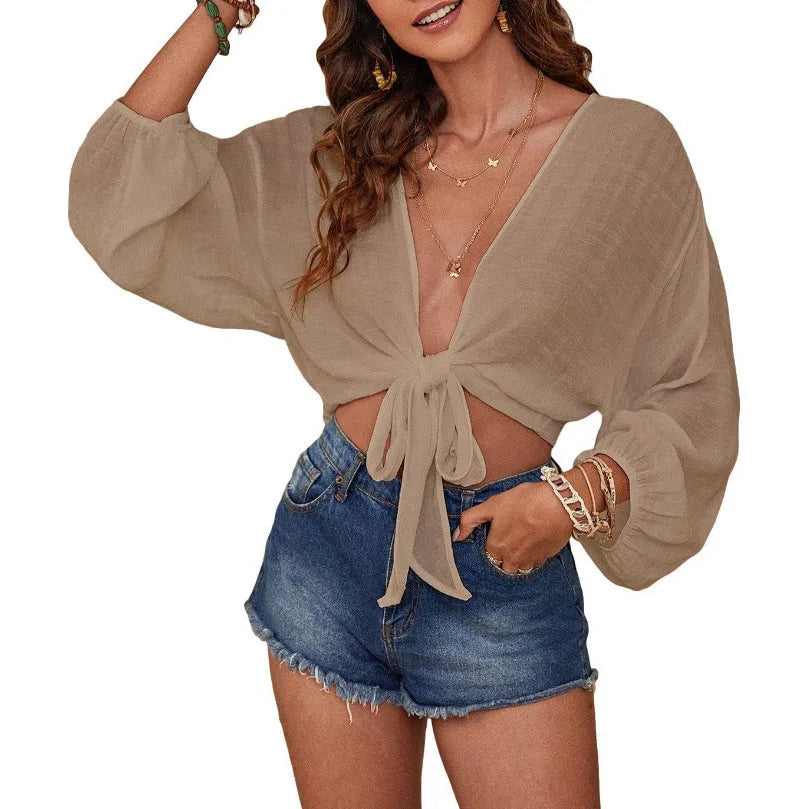 Voguable  Summer Solid Color Lightweight Loose Fit Women's Long Sleeved Cardigan New Simple Strap V-neck Casual Short Beach Cover voguable