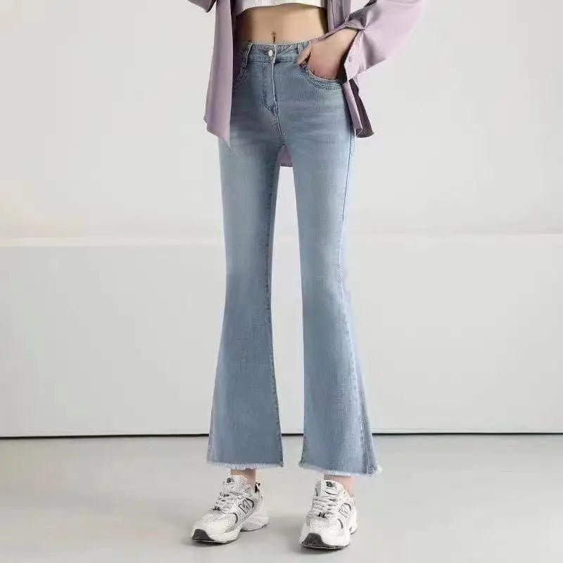 Flare Jeans Women Spring Autumn High Waist Comfortable All-match High Street Young Style Tassel Slim Elastic Trousers  New voguable