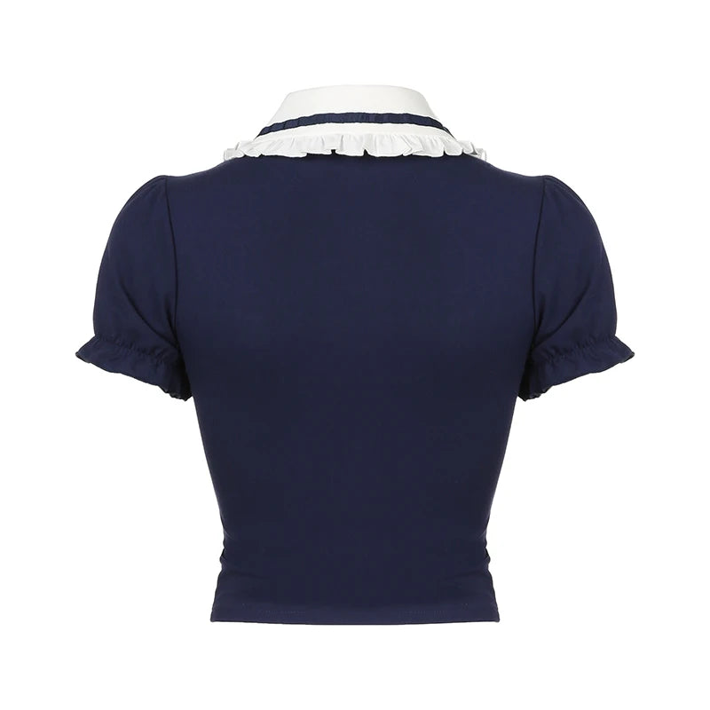 Voguable Preppy Style Contrast Patchwork Bow Peter Pan Collar Top Women's Summer Cute Puff Sleeve T-shirt Y2K voguable