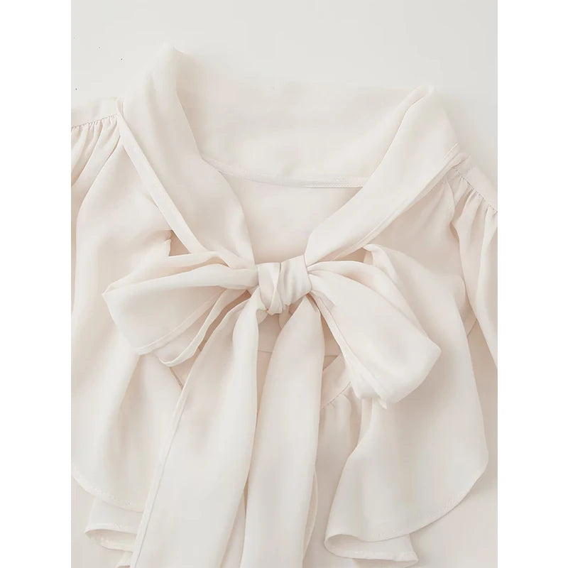 Elegant Ruffle White Shirt Women Lace Up Collar Butterfly Sleeve Casual Office Shirts Spring Summer Blouse Blusas Mujer voguable