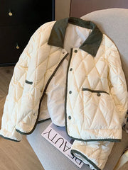 Voguable  Vintage Office Lady Argyle Parkas Korean Elegant Long Sleeve Winter Coat Women Casual All Match Pockets Sweet Tops Retro voguable