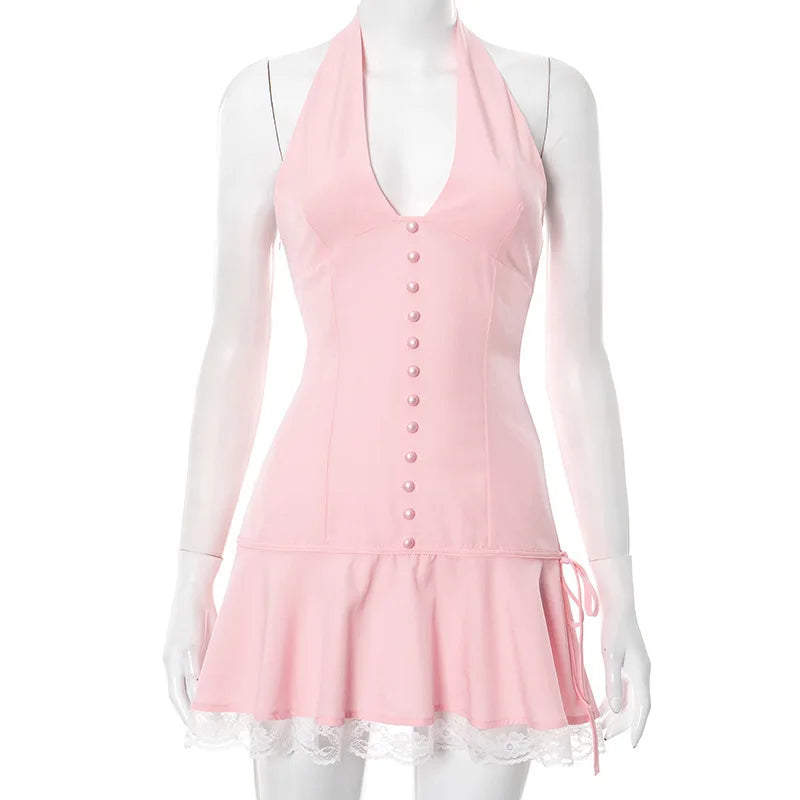 Halter Backless Sexy Mini Dress Women Robe Summer New Lace Patchwork Sleeveless V Neck High Waist Ruffled Dress voguable