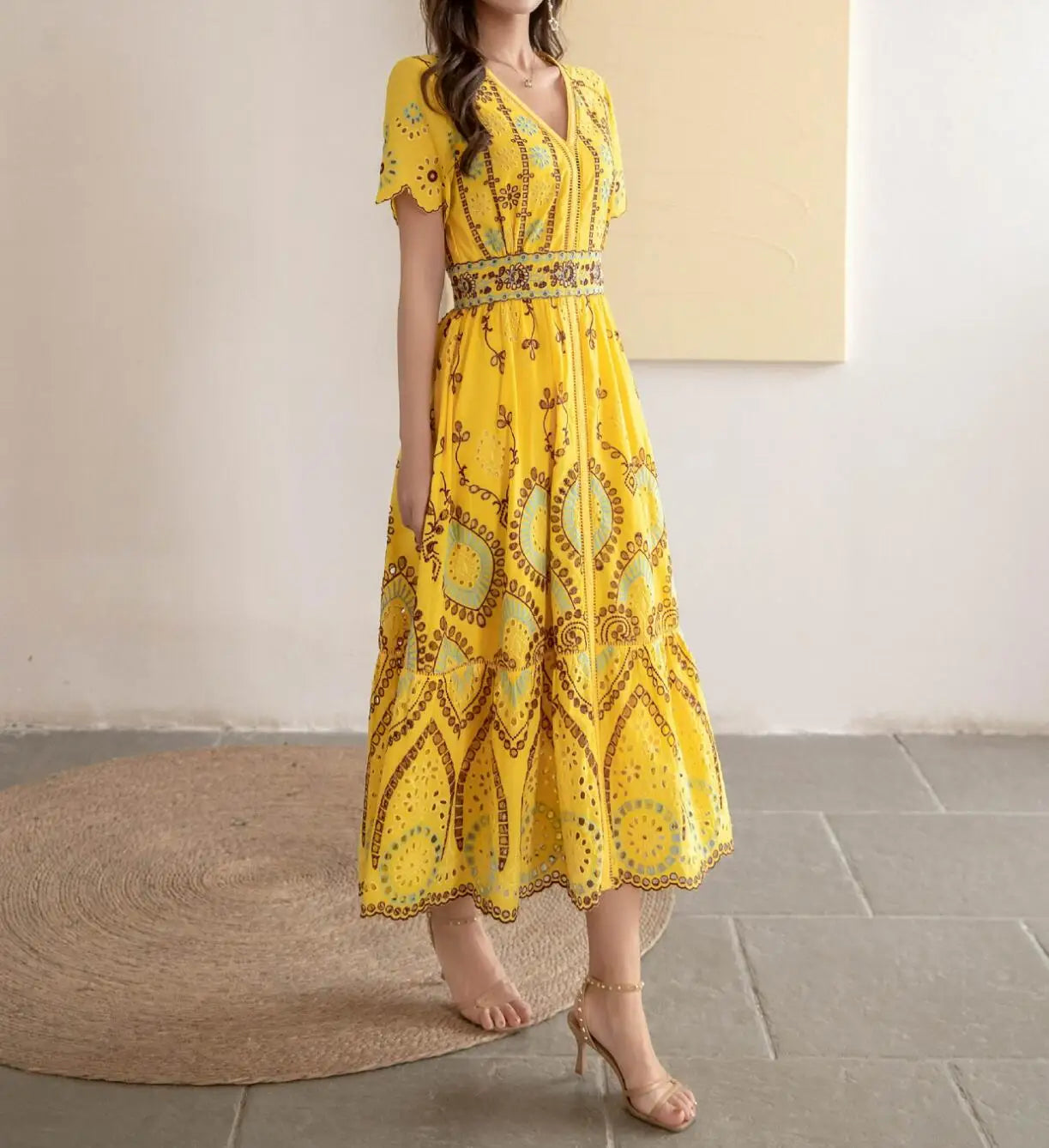 Voguable  Summer Vocation V neck Embroidery Hollow Out Hole Flower Midi Dress Woman Short Flare Sleeve Swing Beach Holiday Robe voguable