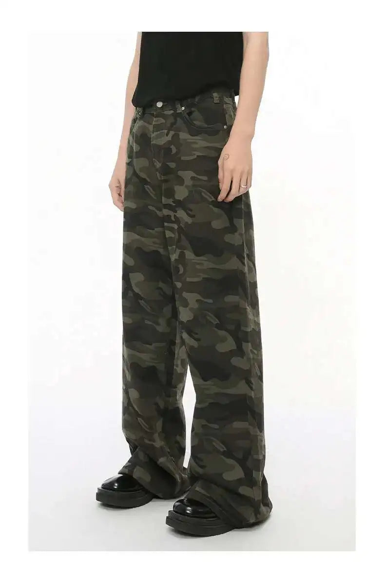 Vintage Camouflage Men's Jeans Fashion Washed Casual Wide Leg Denim Pants Autumn Winter Loose Male Trousers Old Blue 9C354 voguable