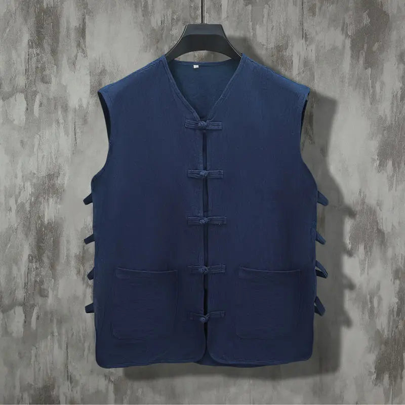 Voguable  Summer Men's New Chinese Style Patchwork V-Neck Fashion Solid Color Button Pocket Casual All-match Sleeveless Vest Tops voguable