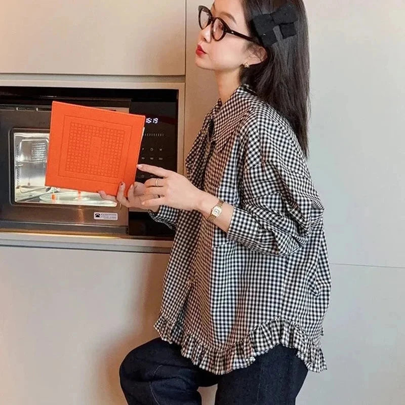 Vintage Black Plaid Shirt Women Loose Sweet Preppy Style Long Sleeve Blouse Fall Casual Retro Cute All Match Female Tops New voguable