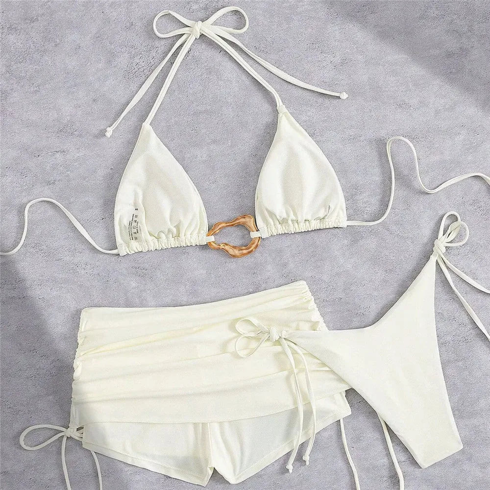 Voguable  Metal Ring Halter String Triangle 3 Piece Bikinis Sets Brown Solid Swimwears Bottom Short Micro Thong Sexy Swimsuit Woman voguable