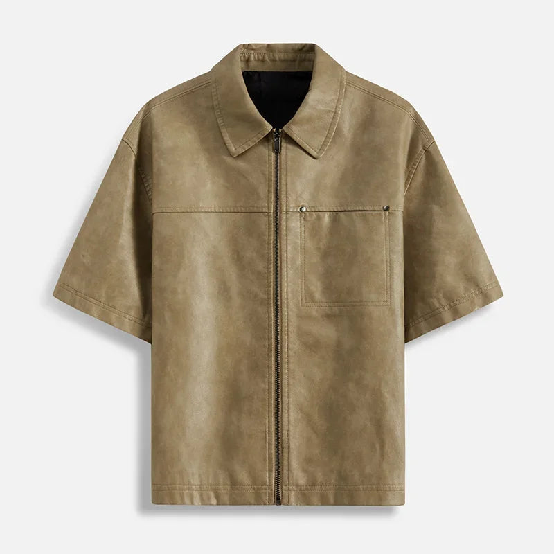 Top New US Black PU Leather Short Sleeved Shirt Oversized Mens Loose Men Streetwear Leather Cool Fashion Fitting Leather Shirt voguable