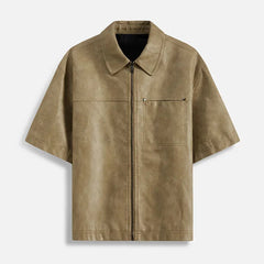 Top New US Black PU Leather Short Sleeved Shirt Oversized Mens Loose Men Streetwear Leather Cool Fashion Fitting Leather Shirt voguable