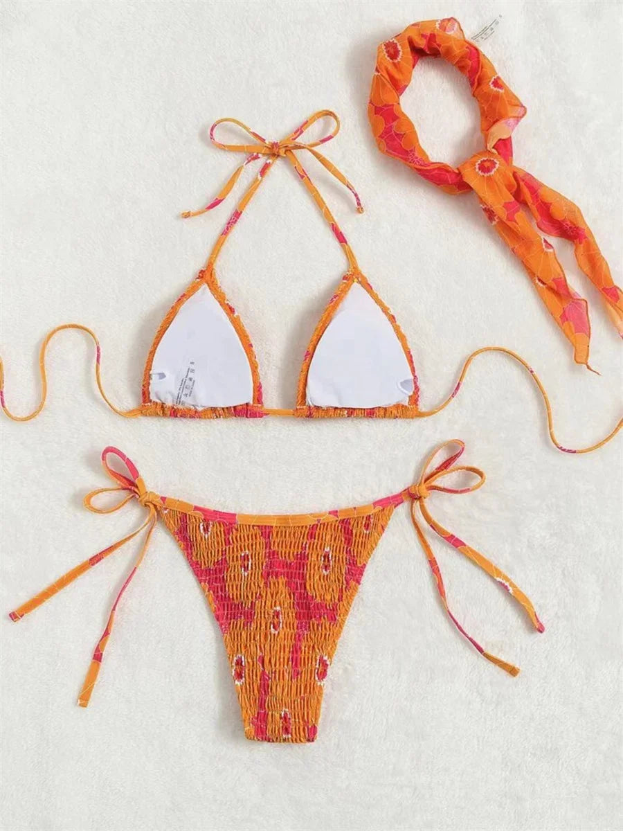 Voguable Sexy Band 3 Piece Bikini Set Women Orange Floral Print Pleate Push Up Micro Swimwear 2024 Bathing Suit Tie Side Thong Swimsuit voguable