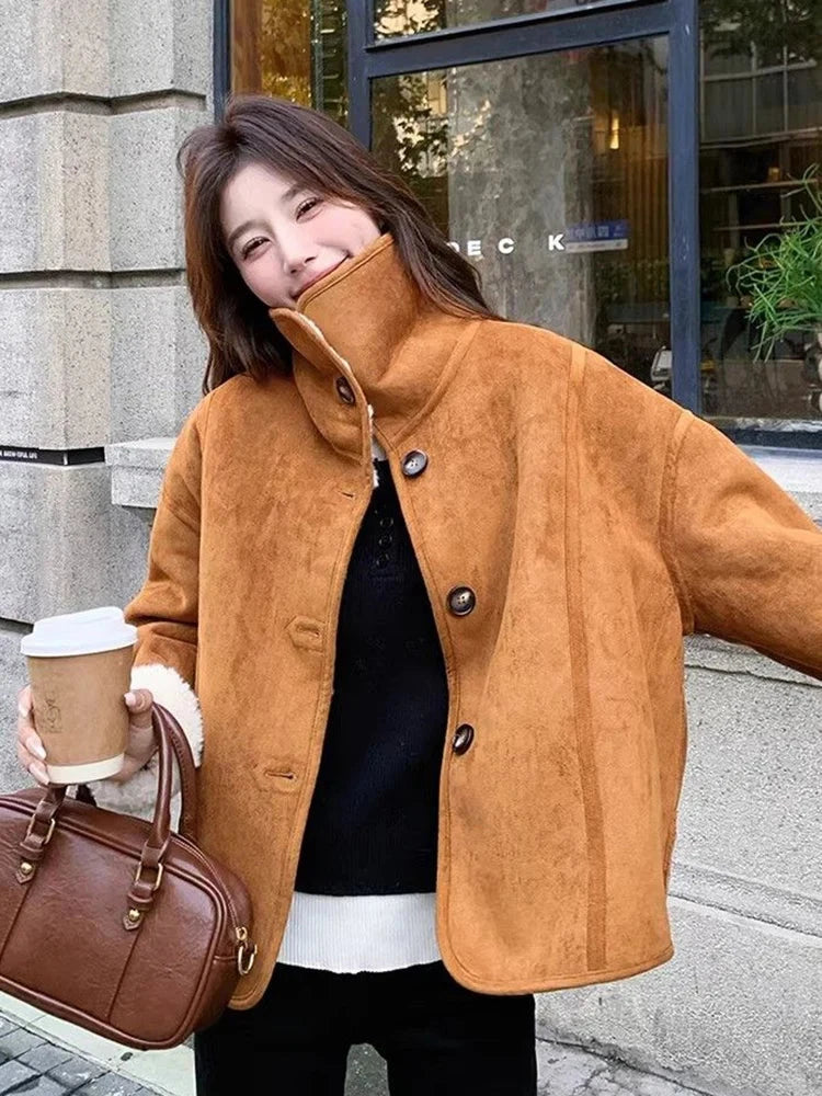Y2K Faux Lamb Suede Jacket Women Warm Winter Streetwear Retro Coat Korean Casual Loose Long Sleeve Single Breasted Outwear voguable