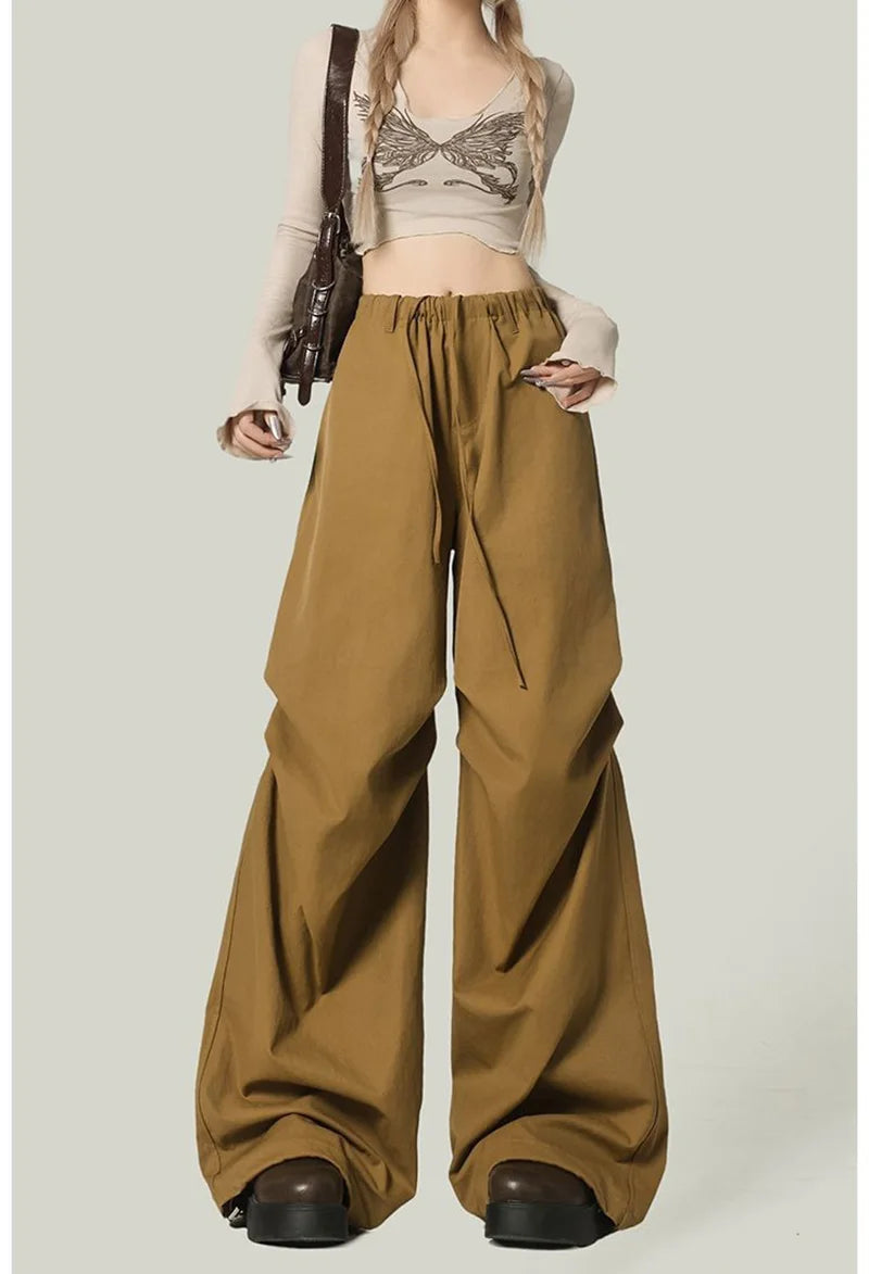 Black Y2K Streetwear Cargo Pant Women Vintage High Waist American Loose Trousers Hip Hop Retro Bf Wrinkles Paratrooper Pants New voguable