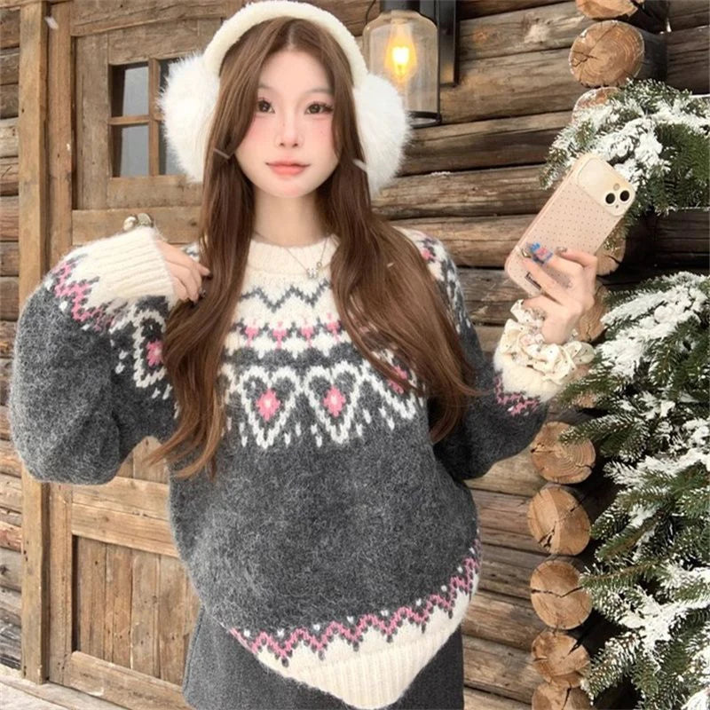 Women Retro Print Christmas Red Sweater O Neck Casual Long Sleeve Sweet Knitted Jumper Vintage Lazy Wind Loose Japan Cute Tops voguable