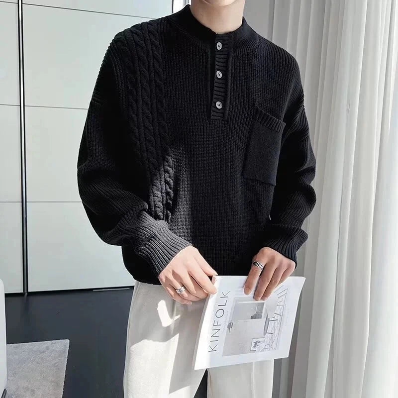 Korean Popular Men's Henry Collar Sweater Light Luxury Knit Long Sleeve Button Pullover Trending Jacquarded Solid Color Knitwear voguable