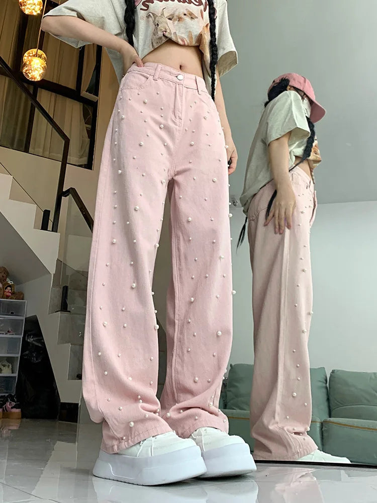Sweet Pearl Pink Jeans Women High Waist Loose Vintage Design Denim Pants Casual Preppy Style Retro Cute Elegant Trousers voguable