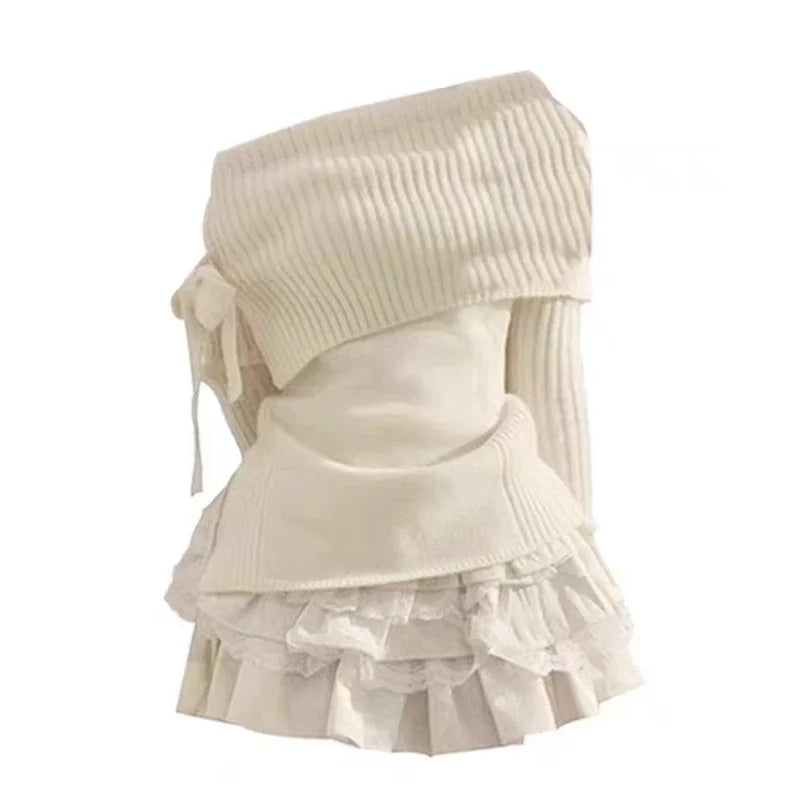Voguable Autumn Winter Woman Kawaii Sweet 2 Piece Set Off Shoulder Bow Knitted Tops + Mini Cake Skirt Female Korean Fashion Casual Suits voguable