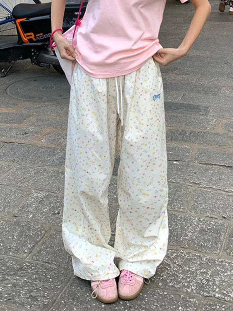 Stars Print Letter Cargo Pants Women Sweet Fashion High Waist Wide Leg Trousers Casual Loose Preppy Style Female Cute Pants voguable