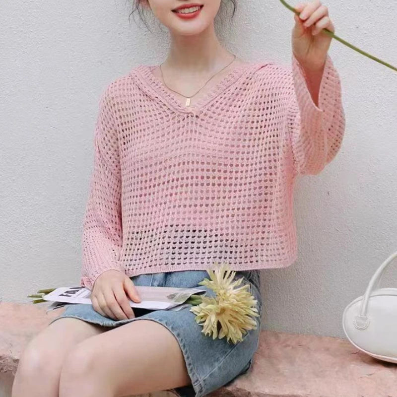 Pointelle Knit Hooded Sweater for Women Sheer Openwork Long Sleeve Boxy-fit Pullover Crop Top Teen-girl Spring Summer Y2K Outfit voguable