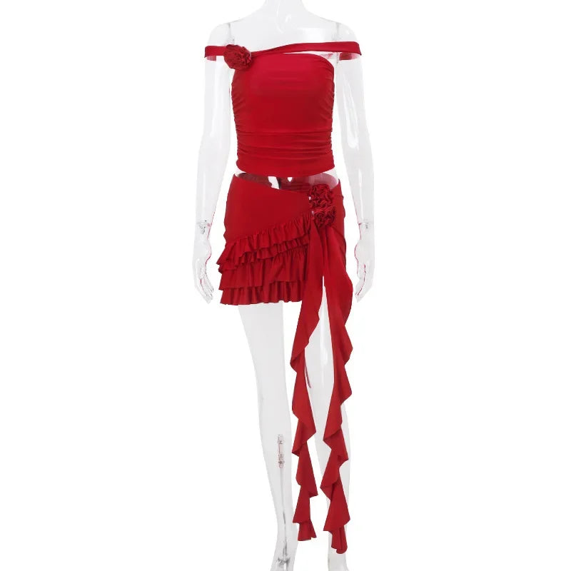 Voguable  Red 3D Flower Sexy Two Pieces Woman Cropped Tops and Tassel Ruffles Mini Skirts Matching Sets Summer Fashion Club Outfits voguable