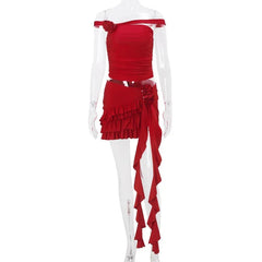 Voguable  Red 3D Flower Sexy Two Pieces Woman Cropped Tops and Tassel Ruffles Mini Skirts Matching Sets Summer Fashion Club Outfits voguable