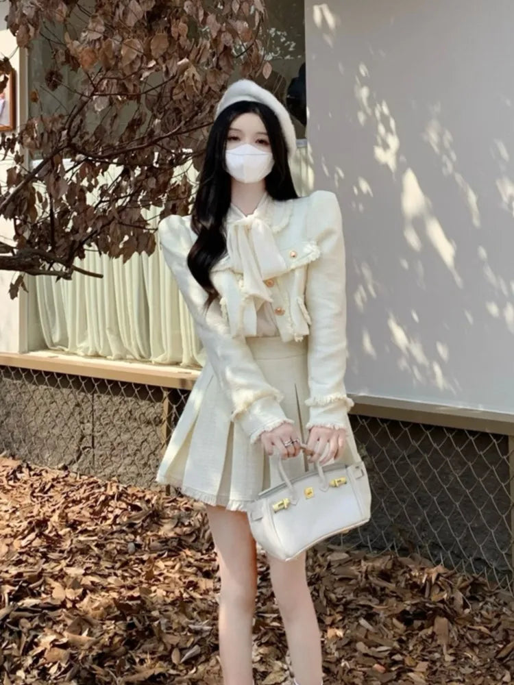 Voguable  Spring New French Vintage Tweed Two Piece Set Women Short Jacket Coat + Pleated Skirt Suits Korean Ladies Luxury Outfits voguable